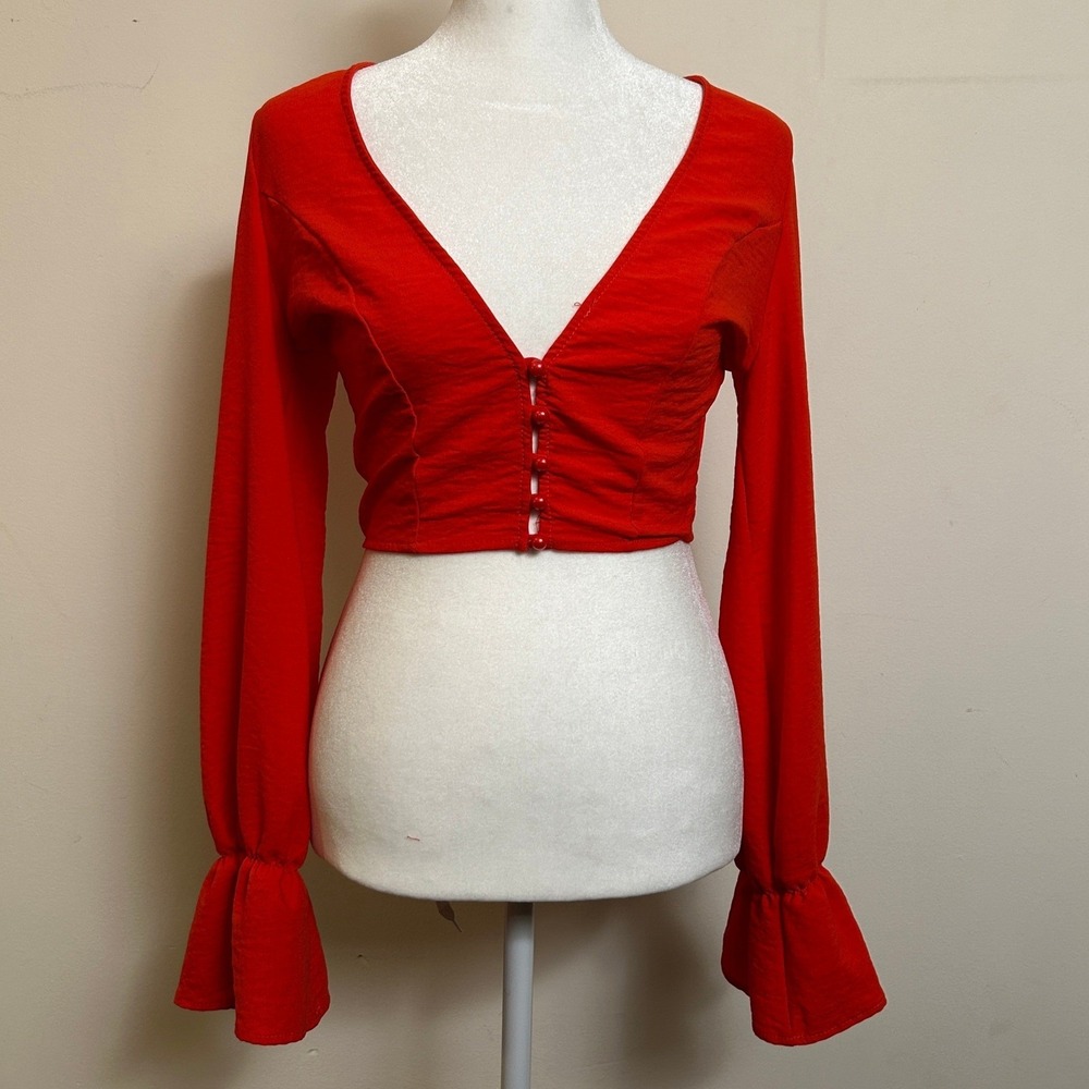 Americana Zaful Crop Top Red Long Sleeve Bell Cuff V-Neck Small